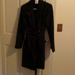 Wool pinstripe suit coat dress w/lace up front.